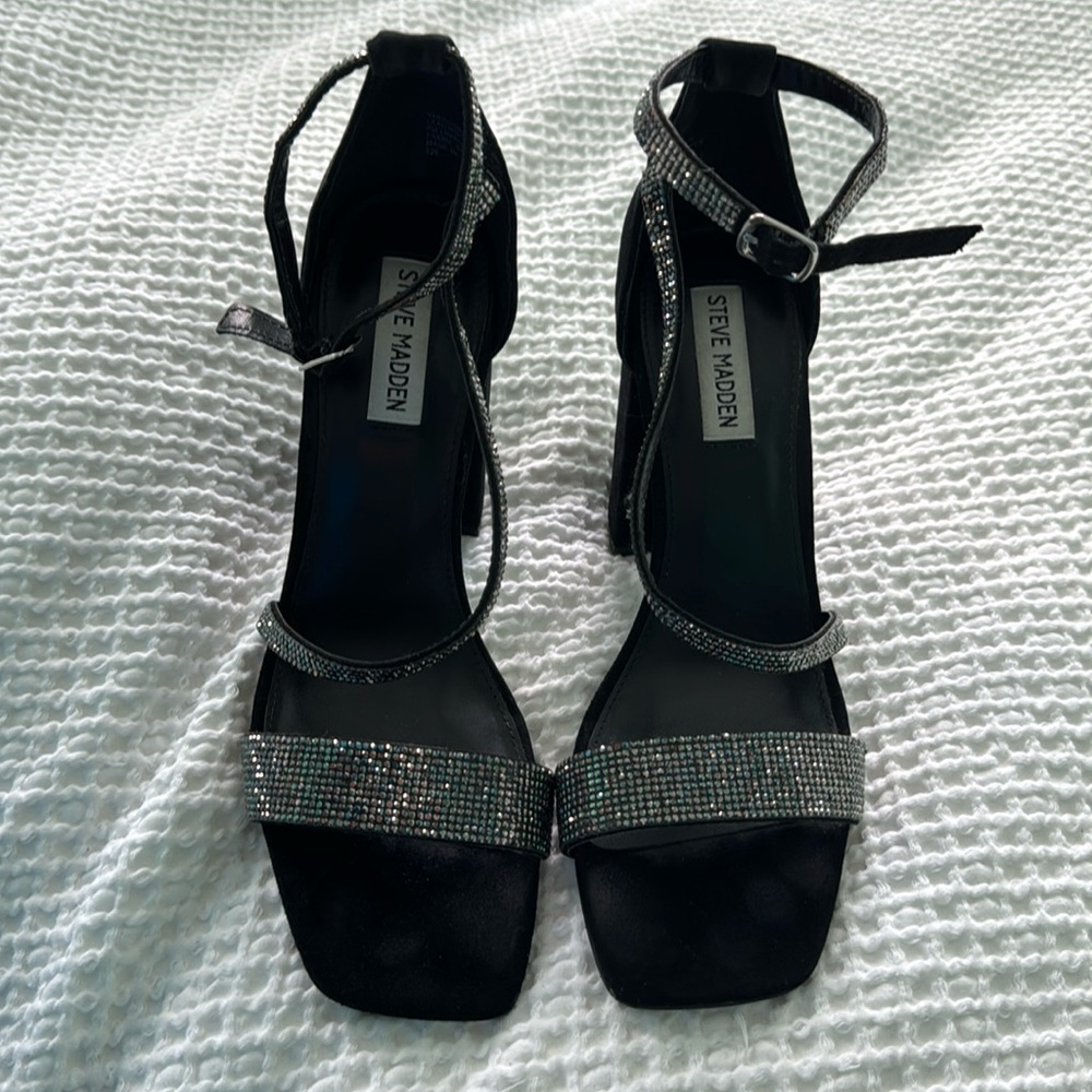 Steve Madden High Heel Black Sandals with Rhinestones Womens Size 10